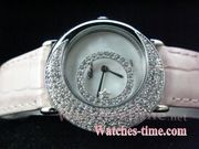 Replica Chopard white ss case diamond bezel quartz p/leather